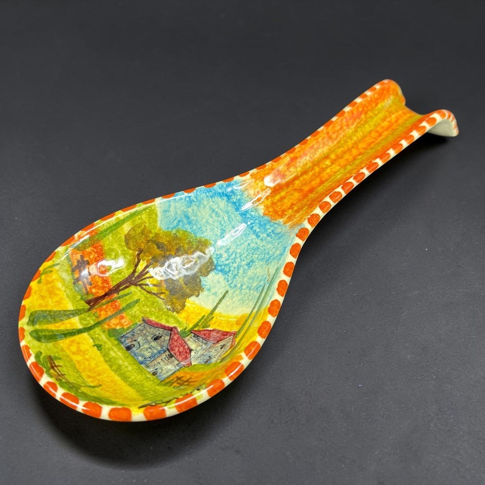 Orvieto Italy Hand Painted Ceramic Spoon Rest Tuscan Landscape 12 Inch Italian